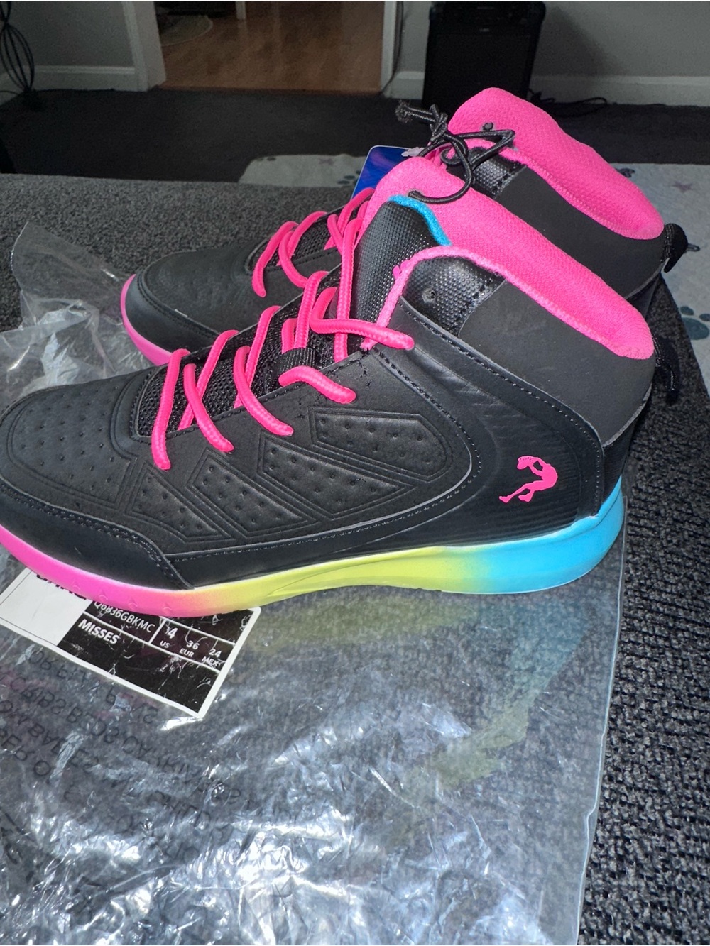 Kids High-Top Shaq Sneakers in Black with Pink Accents and Rainbow Sole